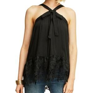 Women Black Gauze Lace Halter Top M Dainty Whimsigoth Witchy Dark Fairy Feminine